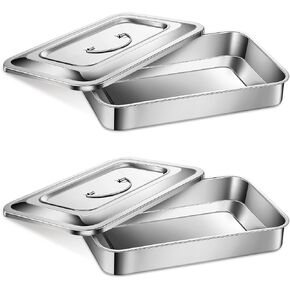 2 Pcs Medical Surgical Trays 201 Stainless Steel Dental Instruments Tray Organizer Holder Sterilized Metal Box with Lid and Handle Grip for Medical Surgical Dental Instruments Organizer Container