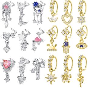 Junkin 18 Pcs 20g Dangle Nose Rings Studs for Women L Shaped Dangling Nose Stud Hoop Nose Piercing Jewelry Heart Star Cute Nose Rings with Charm for Girls
