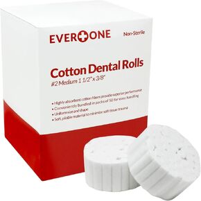 EverOne 1.5" Dental Cotton Rolls No. 2 Medium 100% High Absorbent Cotton, 50 Count (Pack of 1)