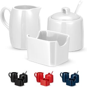 Kook Ceramic Sugar & Creamer Set, 3 Piece Porcelain Coffee Serving Set, Milk Pitcher, Sugar Bowl with Lid and Sweetener Packet Holder, Dishwasher Safe, White