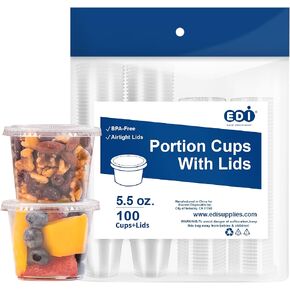 EDI [2 OZ, 50 Sets] Clear Disposable Plastic Portion Cups with Leakproof Lids | Jello Shot Cups | Condiment and Dipping Sauce Cups | Souffle Cups | BPA Free | Recyclable
