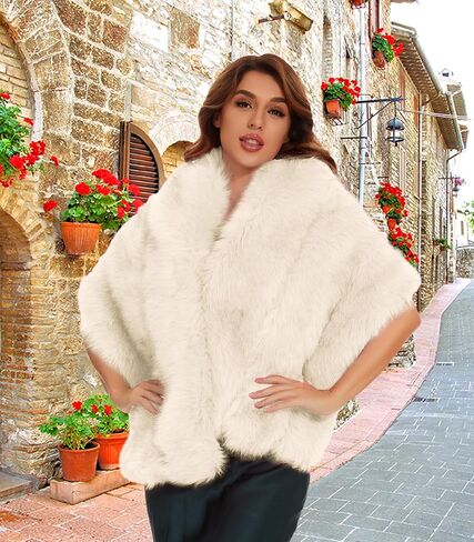 شال FlyGulls نسائي من الفرو الصناعي شالات وأغطية فاخرة من الفرو لفساتين السهرة لفافة من الفرو الصناعي للعروس ووصيفات العروس in Kuwait