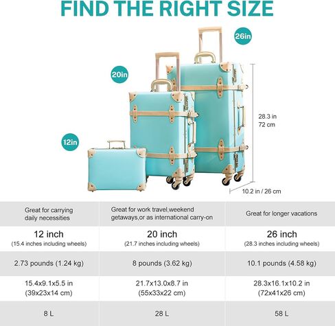 urecity Vintage Luggage Sets of 3 Piece - Hardside Lightweight Spinner Suitcases - Retro Travel Set includes Under Seat Train Case, 26"+20"+12" in Kuwait