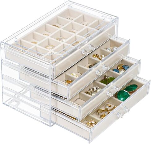 صندوق مجوهرات منظم للقرط مع 4 أدراج، صندوق منظم مجوهرات أكريليك مع صواني مخملية، حامل مجوهرات منظم لتخزين القرط للنساء والفتيات، علبة عرض لسوار الأقراط in Kuwait