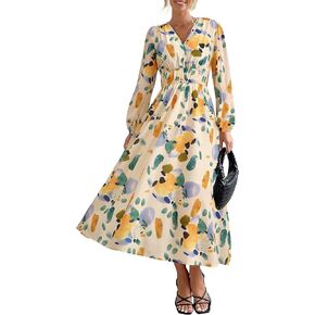 PRETTYGARDEN Women's 2023 Fall Boho Maxi Dress Casual Long Sleeve V Neck Printed Beach Long Flowy Dresses