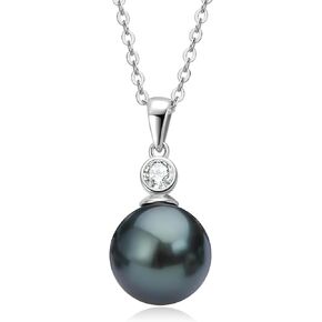 Tahitian Black Pearl Necklace for Women Genuine 9-10mm Round Tahitian Cultured Pearls Pendant 18K Gold Plated 925 Sterling Silver - Jewelry Gifts for Mom Wife Daughter