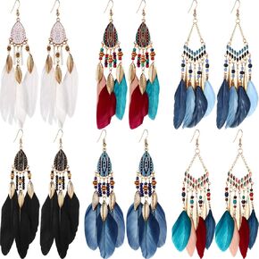 6 Pairs Women Faux Feather Earrings Bohemian Fringe Tassel Long Drop Dangle Earrings Set with Dream Catcher Design for Women Girls (Style 7)