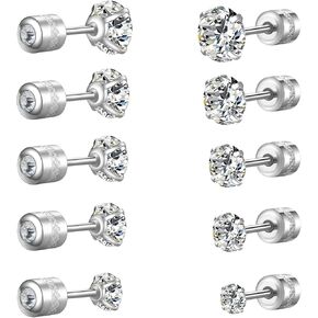 Titanium Surgical Stainless Steel Cubic Zirconia Stud Earrings for Women Men Hypoallergenic Dainty Silver Screw Flat Back CZ Studs Set for Sensitive Ears Lobe Cartilage Helix Multipack