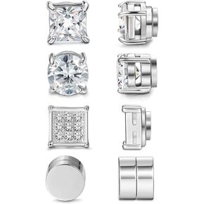 Jstyle 4 Pairs Stainless Steel Magnetic Stud Earrings for Men Women Silver Tone CZ Non-Piercing Clip On Stud Earrings Set 6-8MM