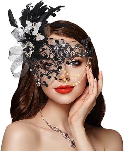 Campsis Women Masquerade Mask Feather Mask Gold Mardi Gras Masks Venetian Prom Costume Ball Metal Eye Mask for Women and Girls in Kuwait