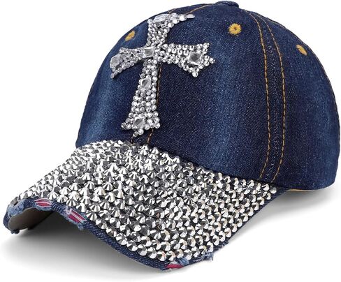 Song Qing Jean Snapback Hat Women Men Bling Cross Rhinestones Denim Baseball Cap in Kuwait