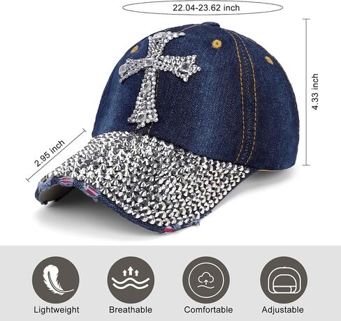 Song Qing Jean Snapback Hat Women Men Bling Cross Rhinestones Denim Baseball Cap in Kuwait