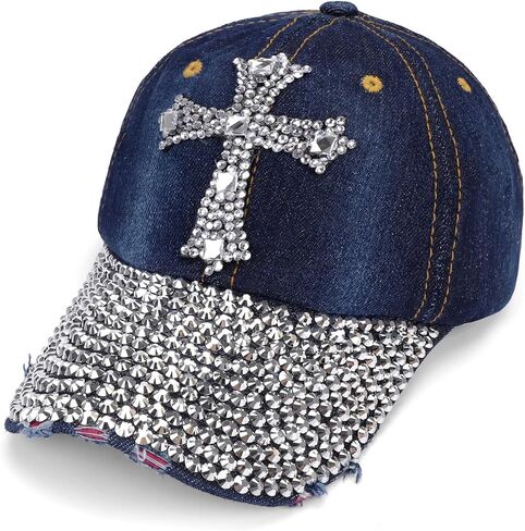 Song Qing Jean Snapback Hat Women Men Bling Cross Rhinestones Denim Baseball Cap in Kuwait