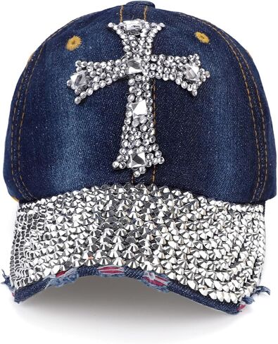 Song Qing Jean Snapback Hat Women Men Bling Cross Rhinestones Denim Baseball Cap in Kuwait
