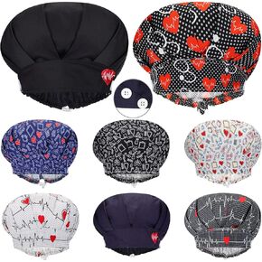 8 Pieces Adjustable Bouffant Buttons Caps Tie Back Printed Hats with Sweatband Hat Chef Cap for Women One Size Working Hats for Women Men, 8 Styles