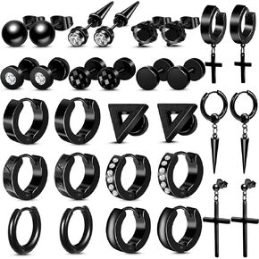 ONESING 14 Pairs Mens Earrings Black Earring for Men Hoop Earrings Stud Men Stainless Steel Earrings Set
