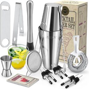 Perjoy Cocktail Shaker Set, 16 Piece Bartender Kit, Cocktail Shaker, Stainless Steel Bar Set Accessories, Coktail Set, Boston Shaker, Drink Mixer Shaker, Bartending Bar Tools with Muddler Spoon Jigger