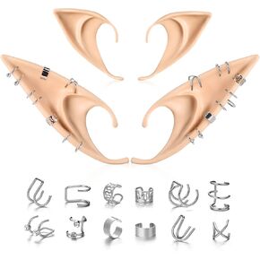 FRESHME Elf Ears with Piercings Earring Cuffs Set, Soft Fairy Elf Ears with Non-Piercing Gold Earrings Tassel Chain Cartilage Clips for Women Renaissance Cosplay Halloween Costumes Accessories