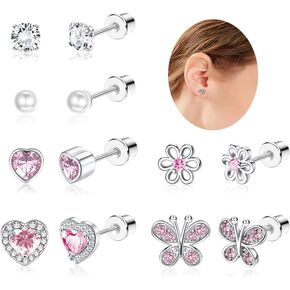 Florideco 6 Pairs Hypoallergenic Earrings S925 Sterling Silver Stud Earrings for Girls Heart CZ Pearl Butterfly Stud Earrings Set S925 Sterling Silver Screwback Earrings for Women