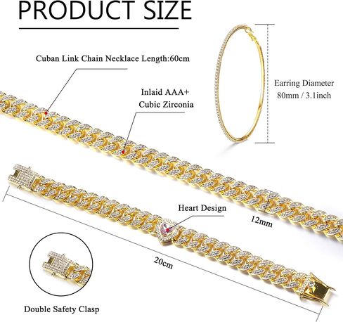 ORAZIO Cuban Link Chain Jewelry Set Cuban Chain Necklace Cuban Link Bracelet Rhinestone Hoop Earrings Gold/Silver Iced Out Chain Heart CZ Clear Cuban Link Chain Big Circle Earrings Hip Hop Cuban Link Chain For Women in Kuwait