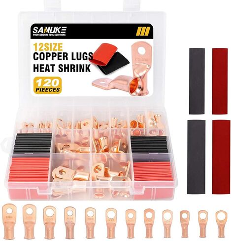 Sanuke 120Pcs Wire Lugs Battery Cable Lugs Marine Grade Wire Lugs with Heat Shrink Set 60Pcs Heavy Duty Tinned Copper Tubular Ring Terminals Tinned Closed End Crimp Connectors AWG 8 6 4 2 in Kuwait