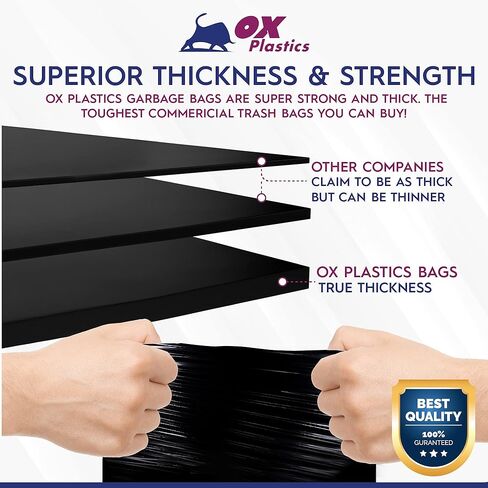 Ox Plastics Trash Can Liners Bags - 60 Gallon Capacity & 3mil Thick Extra Heavy Duty Strength - Large Garbage, Leak-Proof & Durable, House & Commercial Use Bags Black in Kuwait