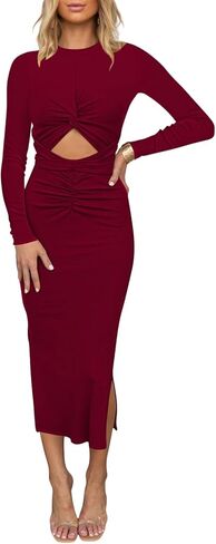 HUUSA Women's Long Sleeve Cutout Bodycon Dress Sexy Crewneck Twist Knot Ruched Slit Slim Fitted Ribbed Knit Midi Dresses in Saudi Arabia