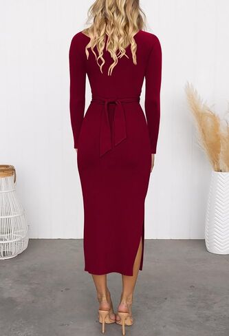 HUUSA Women's Long Sleeve Cutout Bodycon Dress Sexy Crewneck Twist Knot Ruched Slit Slim Fitted Ribbed Knit Midi Dresses in Saudi Arabia