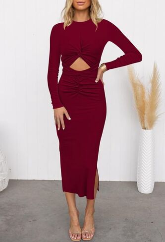 HUUSA Women's Long Sleeve Cutout Bodycon Dress Sexy Crewneck Twist Knot Ruched Slit Slim Fitted Ribbed Knit Midi Dresses in Saudi Arabia