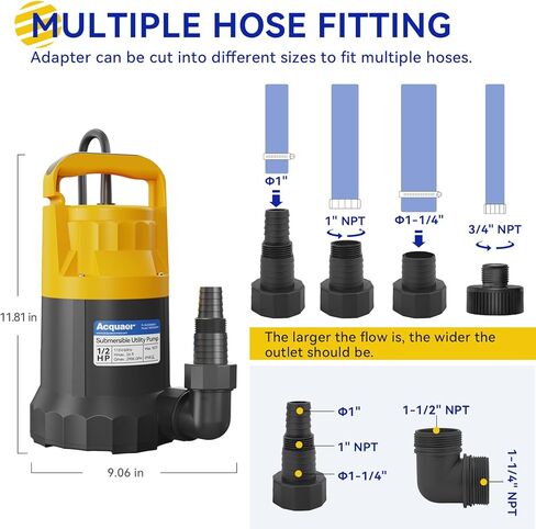 Acquaer 1/2HP Submersible Utility Pump, 3030GPH Stainless Steel Sump Pump, Water Removal for Basement Hot Tub Pool Cover Draining, 30ft Cord in Kuwait