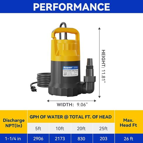 Acquaer 1/2HP Submersible Utility Pump, 3030GPH Stainless Steel Sump Pump, Water Removal for Basement Hot Tub Pool Cover Draining, 30ft Cord in Kuwait