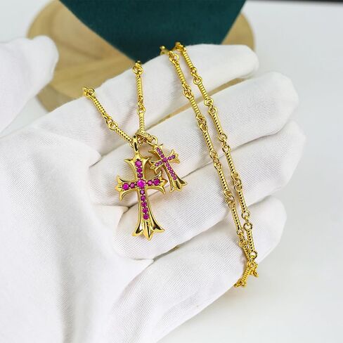 عقد Deicicp Creative ذو الصليب المزدوج للنساء مصنوع من الألماس بالكامل ومطلي بالذهب عيار 14 قيراط وقلادة متقاطعة للسيدات، مثالية لأماكن الأعمال الراقية. (نفس موديل أليكس إيرل) in Kuwait