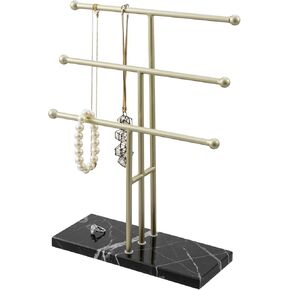 MyGift 3-Tier Tabletop Jewelry Organizer - Brass-Tone Metal T-Bar Necklace Display Stand with Marble Base