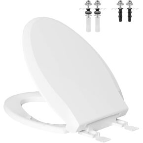 Hibbent Premium One Click Elongated Toilet Seat with Cover(Oval)- Easy Installation and Quick-Release for Easy Cleaning - Stable Hinge Design to prevent shifting - Soft Closed - White Color(Elongated)