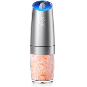 Gravity Electric Pepper and Salt Grinder Set, Sangcon Automatic Pepper and Salt Shakers Mill Grinder with LED Light, Battery Powered Adjustable Coarseness One Hand Operation, Upgraded Larger Capacity