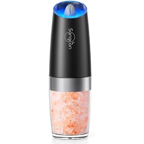 Gravity Electric Pepper and Salt Grinder Set, Sangcon Automatic Pepper and Salt Shakers Mill Grinder with LED Light, Battery Powered Adjustable Coarseness One Hand Operation, Upgraded Larger Capacity