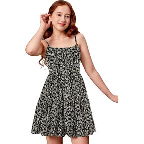Cozyease Girls' Floral Print Ruched Bust Ruffle Hem Sleeveless High Waist Cami Dress Boho Short Dresses