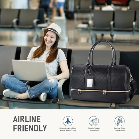 Oflamn Weekender Bags for Women Black Leather Overnight Duffle Bag with Shoe Compartment Large Capacity Make Up Bag Perfect for Travel in Kuwait