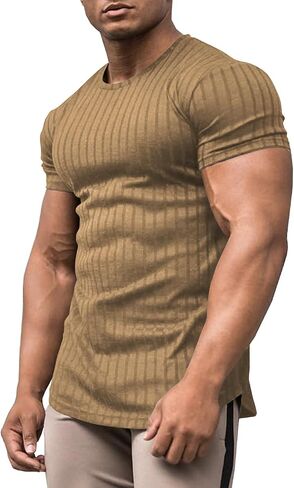 URRU Men's Muscle T Shirts Stretch Short Sleeve Bodybuilding Workout Casual Slim Fit Tee Shirts in Kuwait