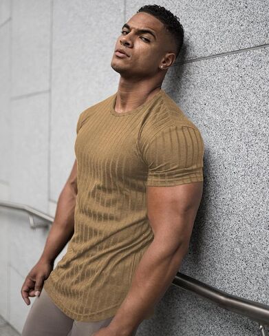 URRU Men's Muscle T Shirts Stretch Short Sleeve Bodybuilding Workout Casual Slim Fit Tee Shirts in Kuwait