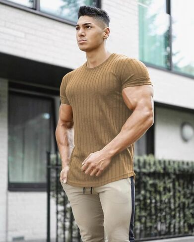URRU Men's Muscle T Shirts Stretch Short Sleeve Bodybuilding Workout Casual Slim Fit Tee Shirts in Kuwait