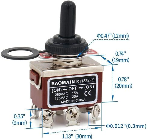 مفتاح التبديل اللحظي Baomain DPDT (ON)-Off-(ON) 3 مواضع 6 طرف لولبي RT1322FS 125VAC 20A مع غطاء مقاوم للمطر in Kuwait