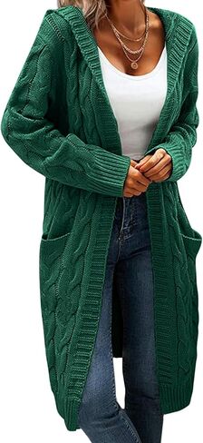 WIFFGO Hooded Open Front Cardigan for Women Cable Knit Sweaters Chunky Pocketed Oversized Knee Length Long Coats in Saudi Arabia