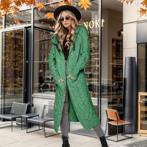 WIFFGO Hooded Open Front Cardigan for Women Cable Knit Sweaters Chunky Pocketed Oversized Knee Length Long Coats in Saudi Arabia