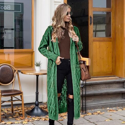 WIFFGO Hooded Open Front Cardigan for Women Cable Knit Sweaters Chunky Pocketed Oversized Knee Length Long Coats in Saudi Arabia