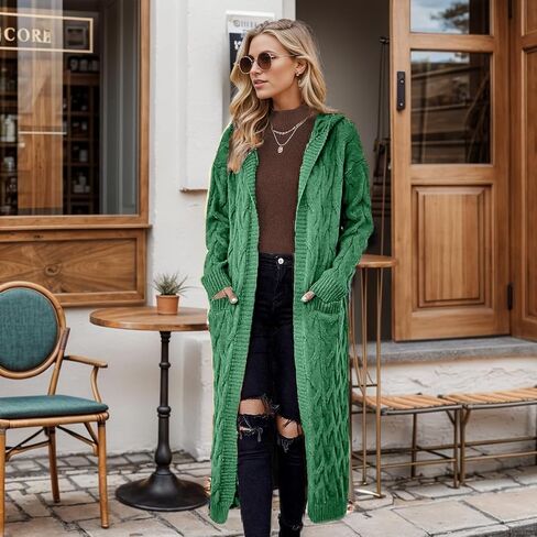 WIFFGO Hooded Open Front Cardigan for Women Cable Knit Sweaters Chunky Pocketed Oversized Knee Length Long Coats in Saudi Arabia