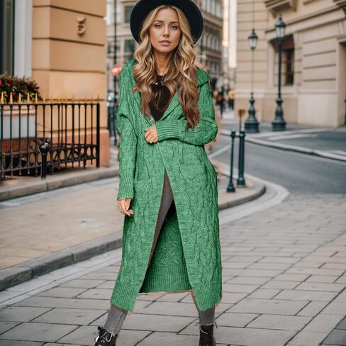 WIFFGO Hooded Open Front Cardigan for Women Cable Knit Sweaters Chunky Pocketed Oversized Knee Length Long Coats in Saudi Arabia