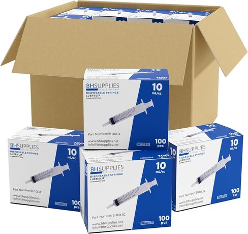 BH Supplies 10ml Luer Slip Tip Syringe - with Covers (No Needle) - Sterile, Individually Wrapped - 100 Syringes in Kuwait