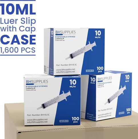 BH Supplies 10ml Luer Slip Tip Syringe - with Covers (No Needle) - Sterile, Individually Wrapped - 100 Syringes in Kuwait