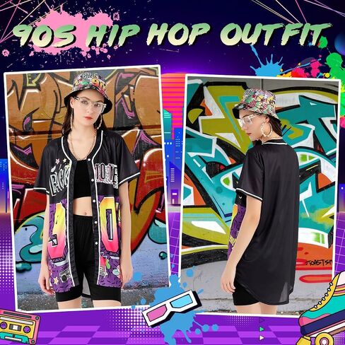 WILDPARTY 80s 90s Outfit for Women, Unisex Hip Hop Costume Baseball Jersey Shirt Yoga Pants Rapper Accessories in Kuwait